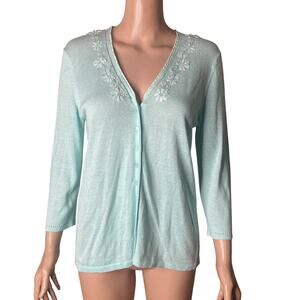 Liz Claiborne Collection Cardigan Sweater Womens Med Aqua Green Embroidered